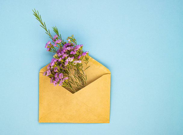 Beautiful spring purple flowers in a postal envelope on a blue paper background. Top view, flat styling. background for women's holidays - Fotografie, Obrázek