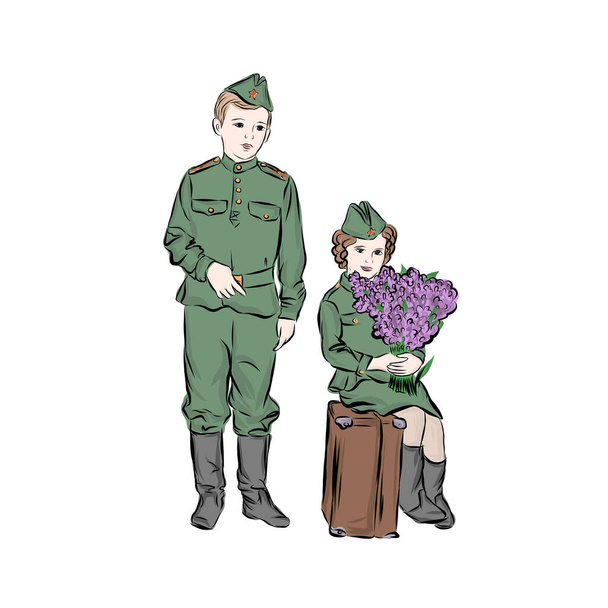  9 maja. Dziewczyna w mundurze wojskowym z bukietem lilii siedzi na zabytkowej walizce i chłopiec w stroju żołnierza stojącego obok.  - Wektor, obraz