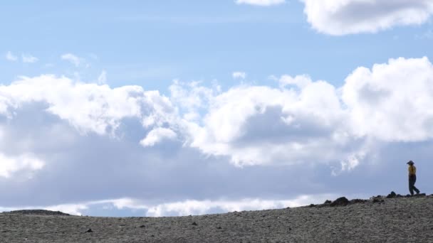 Samotny wędrowiec spacerujący w kamiennym pustynnym terenie górskim. - Materiał filmowy, wideo