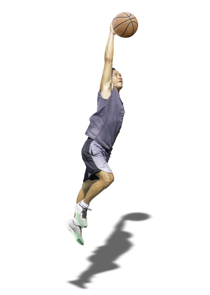 Μεμονωμένο μπάσκετ στο χέρι άνθρωπος άλμα σε ένα λευκό φόντο με περικοπή διαδρομή... - Φωτογραφία, εικόνα