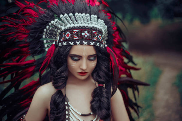 Portrait girl beautiful face art native american creative warrior combat makeup. Indian woman hunter traditional leather sexy dress ethnic costume red plume roach feathers black headdress. nature tree - Foto, imagen