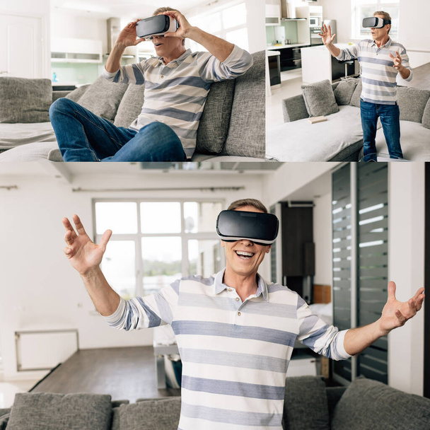 kollázs érzelmi férfi virtuális valóság headset otthon - Fotó, kép