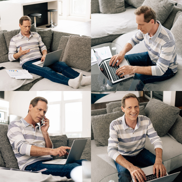 collage del freelancer hablando en smartphone y usando laptops
 - Foto, Imagen