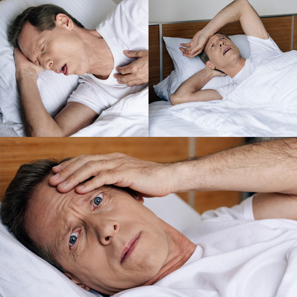 колаж хворого чоловіка торкається голови і кашляє в спальні
  - Фото, зображення