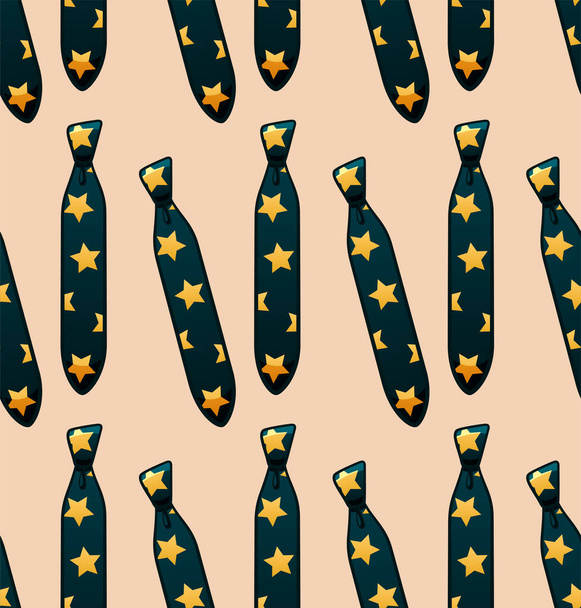 Blue neckties with stars print seamless pattern. Decoration for greeting card, wrapper and textile. Beige background, vector. - Vektör, Görsel