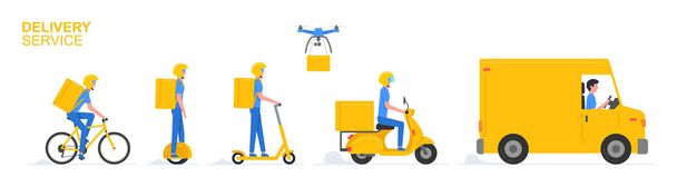Online delivery service. Truck, electric scooter, gyroboard, scooter and bicycle courier. Delivery service concept. Flat Style - Vector, Image