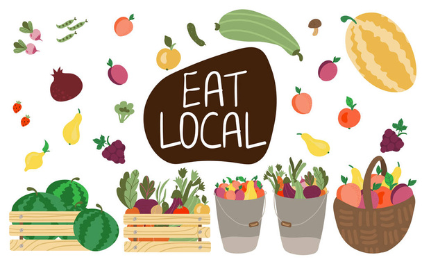 Eat local lettering vegetables and greens, fruits. Farmers market concept illustration with fresh vegetable, frut isolated on the white background. organic, vegan. Flat cartoon vector illustration. - Вектор,изображение