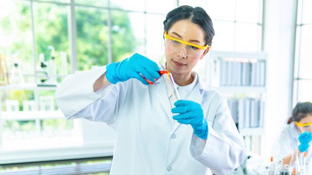 scientist in lab. woman researcher white gown look at testing chemical liquid with face concentrating. With background interior white laboratory. - Photo, Image