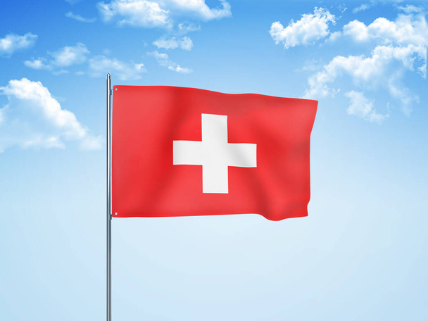 Drapeau suisse agitant dans le ciel nuageux Illustration 3D
 - Photo, image