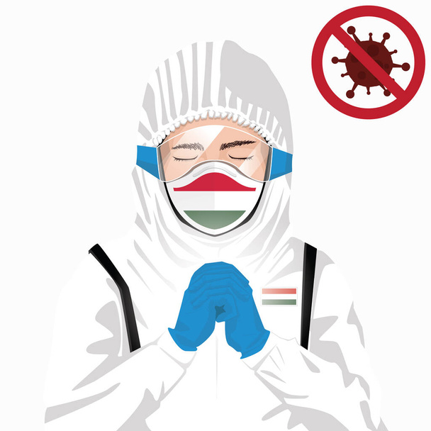 Covid-19 vagy Coronavirus koncepció. A magyar egészségügyi dolgozók védőruhában maszkot viselnek és imádkoznak a Covid-19 vírus magyarországi megjelenése ellen. Magyar férfi és magyar zászló. Pandémiás koronavírus - Vektor, kép
