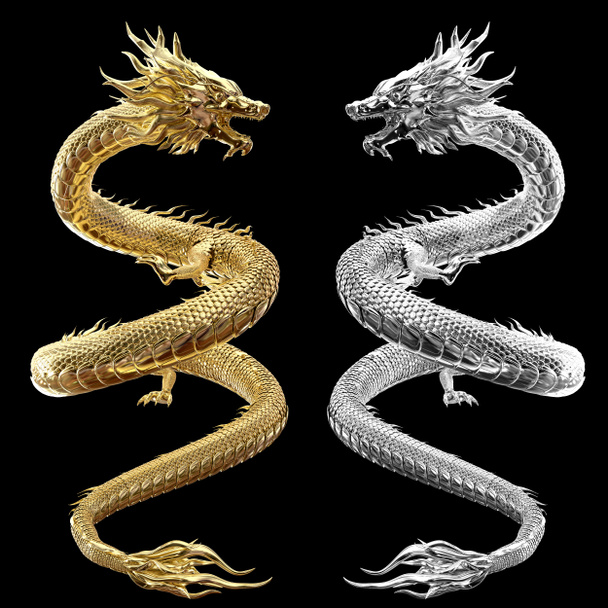 Full Twin cuerpo de oro y plata dragón en pose inteligente con representación 3d incluyen ruta alfa
. - Foto, imagen