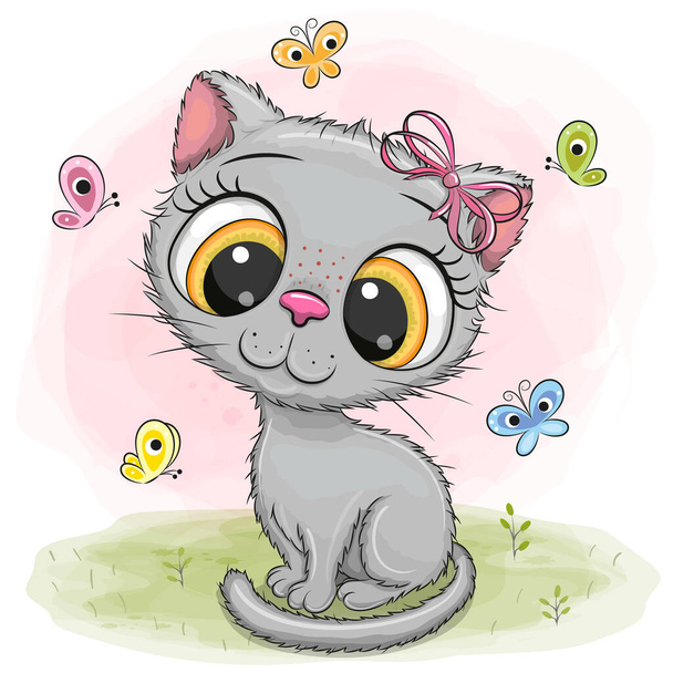 Χαριτωμένο Cartoon Kitten κορίτσι σε ένα λιβάδι με πεταλούδες - Διάνυσμα, εικόνα