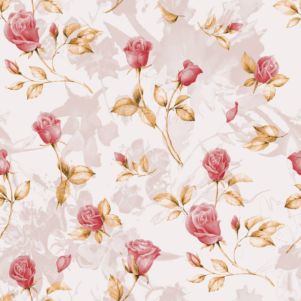 Summertime garden flowers English Roses watercolor seamless pattern. Beautiful hand drawn texture. Romantic background for web pages, wedding invitations, textile, wallpaper. - Foto, Imagen