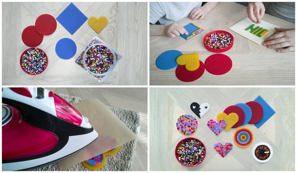 Collage of step-by-step instructions for thermo mosaic.2 children collecting patterns,ironing,finished shapes.Set of several circles,squares,heart-shaped forms,container with beads.Family quiet game - Photo, Image