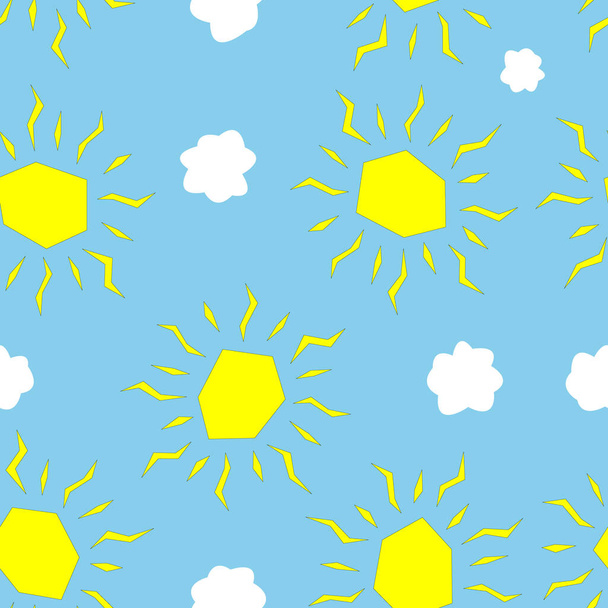 Seamless yellow sun and white cloud pattern on light blue background - Eps10 vector graphics and illustration - Wektor, obraz