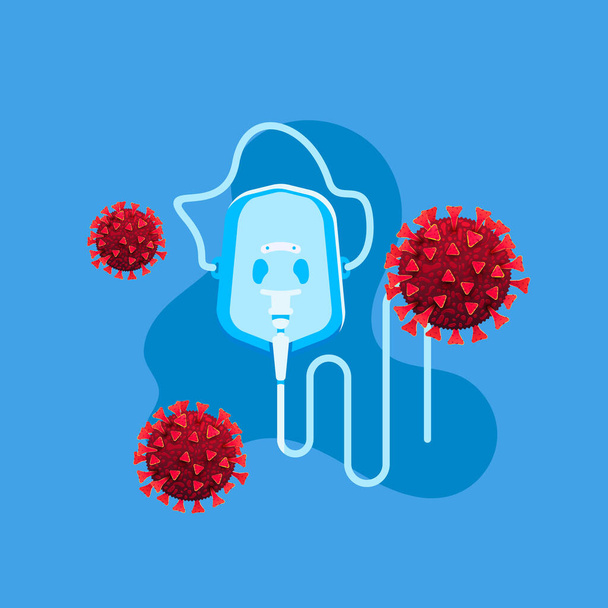 フラットレイアウトスタイルで青の背景にコロナウイルス細胞と酸素マスク。肺換気コンセプト - ベクター画像