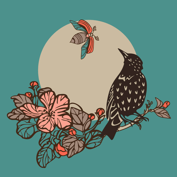 starling bird Maybug and flowering branch against the background of the moon in spring - Vector, Image