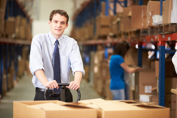 Businessman Pulling Pallet In Warehouse - Photo, Image