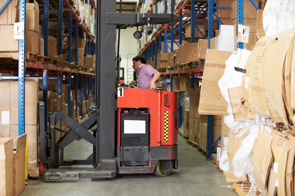 Man Driving Fork Lift Truck In Warehouse - Photo, image