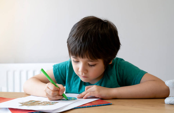 Portrait school kid siting on table colouring the house and globe, for world environment day,Boy drawing on white paper on  the table, Elementary school and home schooling, Distance Education concept  - Photo, Image