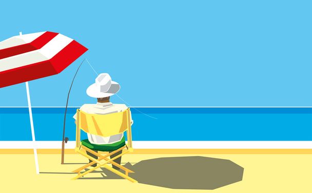 Ilustração do eleitor. Resting homem pesca silenciosamente na praia de verão. - Vetor, Imagem