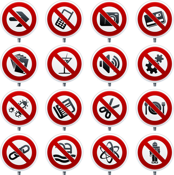 Dezesseis sinais proibidos ícones com símbolos diferentes
. - Vetor, Imagem