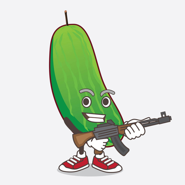 Una ilustración del personaje de la mascota de dibujos animados pepino con ametralladora de rifle de asalto
 - Vector, Imagen