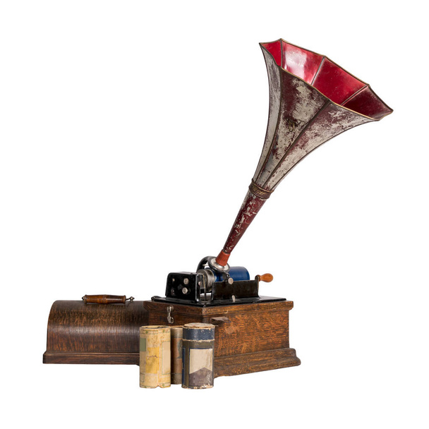 Ausschneiden Alter Phonograph mit drei Zylinderplatten, inkl. Clipping-Pfad - Foto, Bild