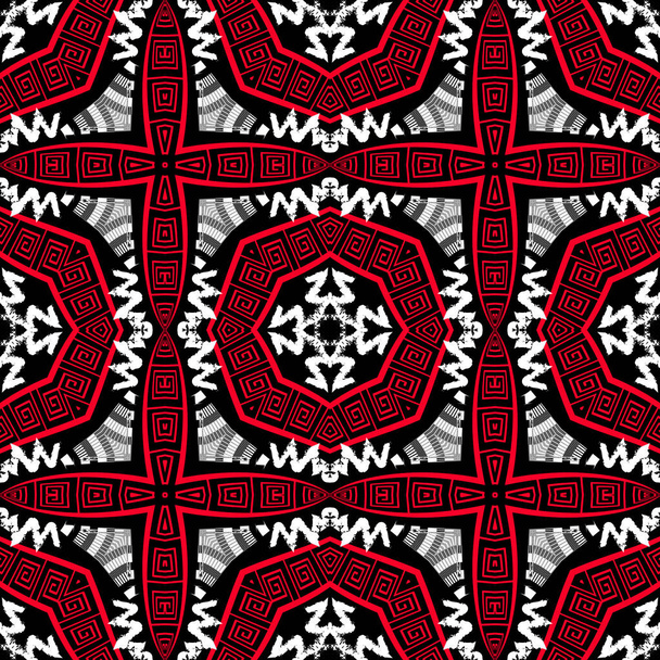 Floral black white red grunge greek vector seamless pattern. Ornamental geometric ethnic background. Abstract repeat tribal backdrop. Geometrical modern ornate greek key meanders ornament. Zigzag - Вектор,изображение