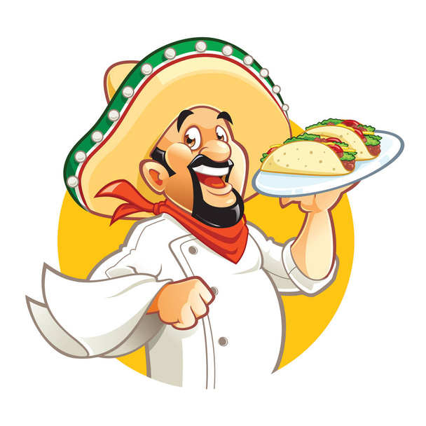 Cartoon uśmiechnięty meksykański szef kuchni trzyma talerz z tacos - Wektor, obraz
