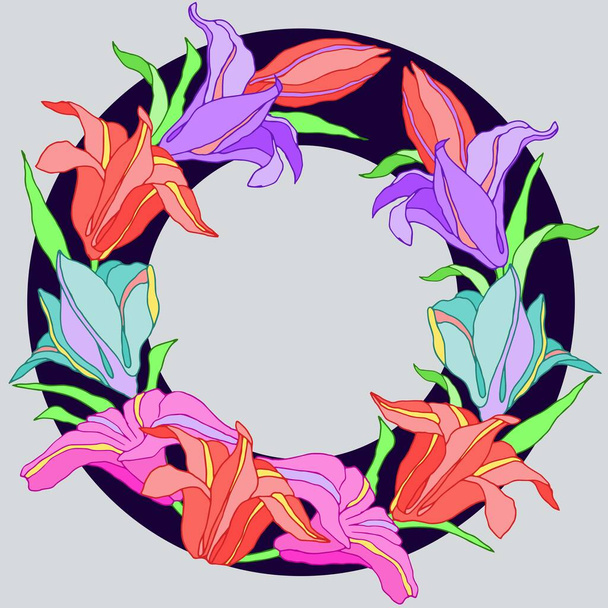 Στεφάνι με φωτεινά λουλούδια κρίνα για χαιρετισμούς - Διάνυσμα, εικόνα