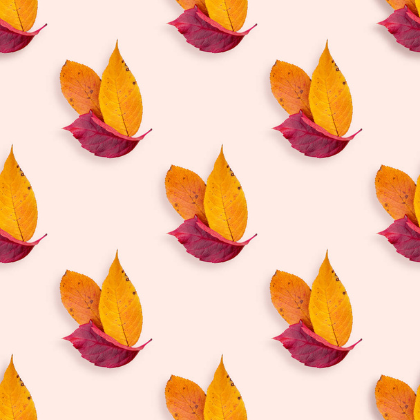 Naadloos herfstpatroon van rode en oranje herfstbladeren op een beige ondergrond. Trendy bovenaanzicht achtergrond - Foto, afbeelding
