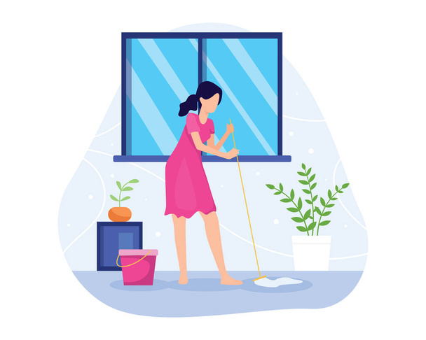 Vector illustration Woman mopping the floor. Sweeping and mopping the floor, Wife cleans the floor of the house. Housewife, Housekeeping, Household themes. Vector illustration in flat style - Vector, Image