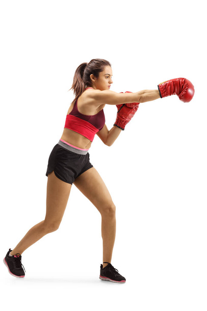 Full length profile shot of a young woman training boxing isolated on white background - Zdjęcie, obraz