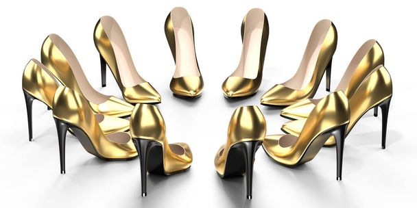 Złote buty na obcasie - ilustracja 3D - Zdjęcie, obraz