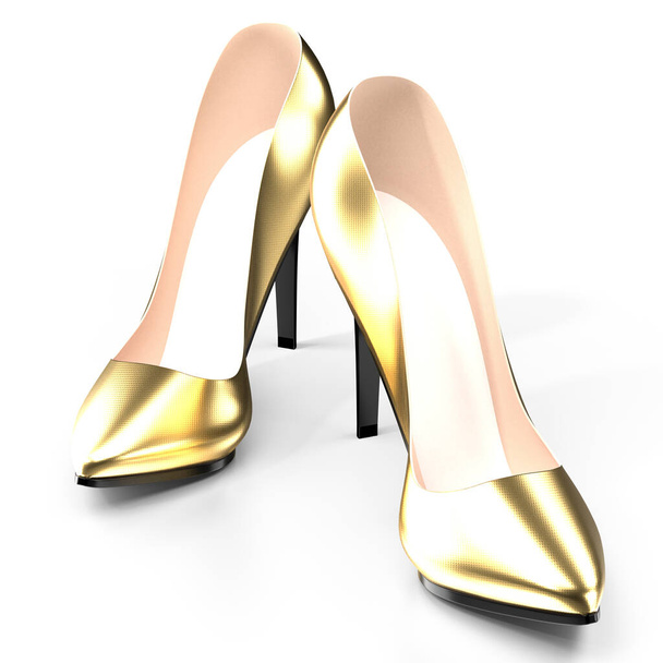 Golden high heel shoes - 3D illustration - Valokuva, kuva