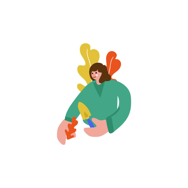 Vector illustration Girl with a bore flat vector illustration. Flat design women. Girl with plants plants isolated cartoon characters. Demonstration of a garden, garden, planting. - Vektor, obrázek