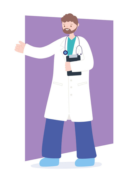 lékaři a zdravotní sestry, vousatý mužský lékař s uniformou a schránkou - Vektor, obrázek