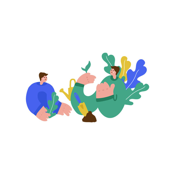 Illustration of a family teaching children. Freehand drawing illustrating the learning process of plant growing. Family drawing, father and son spending time together, teaching son. - Vector, Imagen