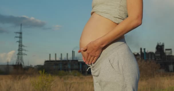 Έγκυος κορίτσι στο παρασκήνιο μιας επιχείρησης που μολύνει την ατμόσφαιρα. Η έννοια της παγκόσμιας ρύπανσης του περιβάλλοντος και του αέρα, η μελλοντική γενιά διακυβεύεται. - Πλάνα, βίντεο