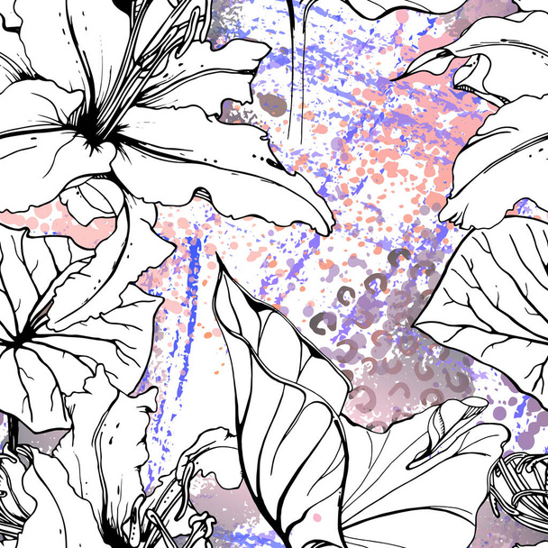 Floral Black White Pattern. Modern Watercolor - Vector, Imagen