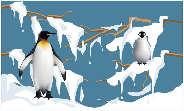 πιγκουίνοι είναι στο δέντρο στελέχη στο χιόνι και απολαμβάνοντας - Διάνυσμα, εικόνα