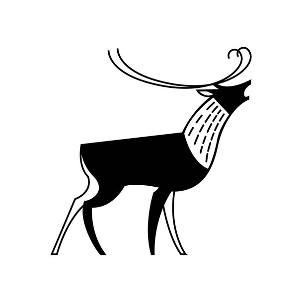 Schwarz-weiße Zeichnung eines heulenden Rentiers. Logo, Abzeichen, Abzeichen, Emblem, Etikett. Vektorillustration. - Vektor, Bild