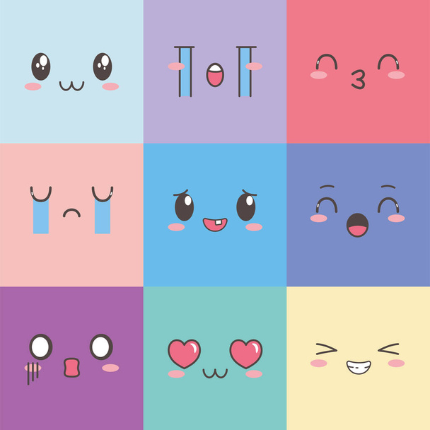 kawaii gezichten uitdrukking cartoon emoticon vierkante kleur set - Vector, afbeelding