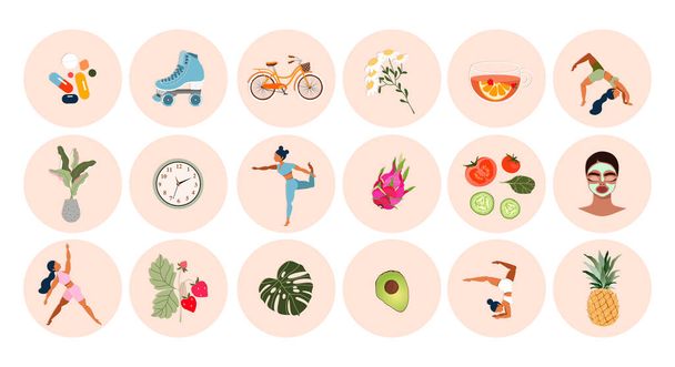 Healthy lifestyle icon set. Big collection of modern hand-drawn vector stickers about fitness and healthy living. Different icons with girls doing yoga, fruits and vegetables, and sport activities. - Vector, Image