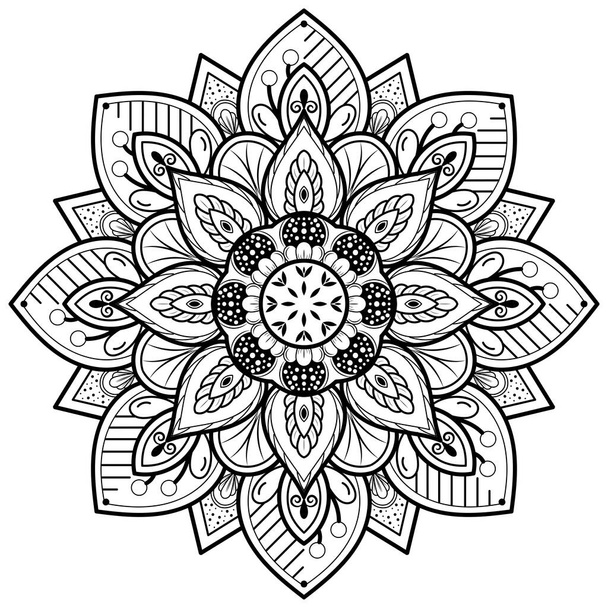 Fiore circolare Mandala con stile floreale vintage, mandala vettoriale modello orientale, elemento decorativo disegnato a mano. Design unico con fiore di petalo. Concetto relax e meditazione utilizzare per la pagina logo libro - Vettoriali, immagini