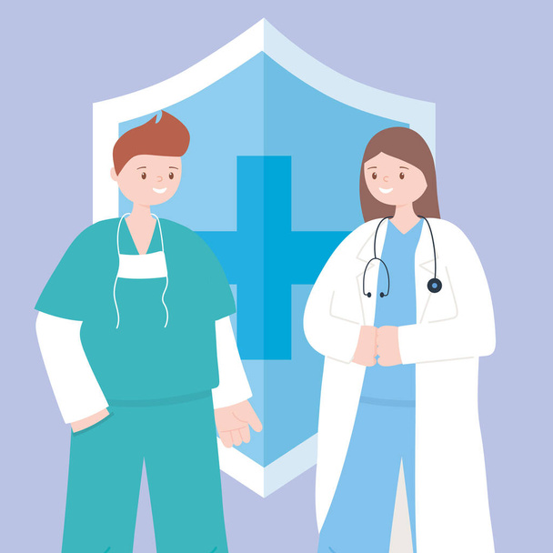 médicos y enfermeras, médico y enfermero con protección antifaz
 - Vector, Imagen