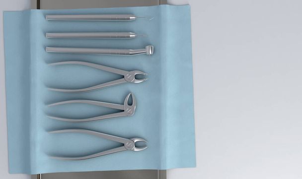 Un ensemble d'outils de dentistes en acier disposés sur un plateau doublé d'un chiffon de bue sur un fond de studio isolé - rendu 3D
 - Photo, image