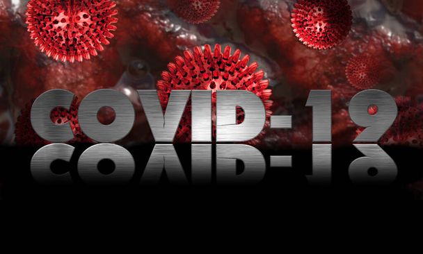 ウイルス細胞を用いたcovid-19テキスト3Dイラスト - 写真・画像