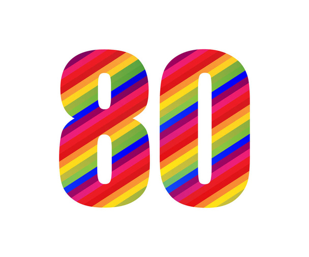 Número 80 dígitos numéricos del estilo del arco iris. Diseño de ilustración vectorial colorido de ochenta números aislado sobre fondo blanco
. - Vector, imagen